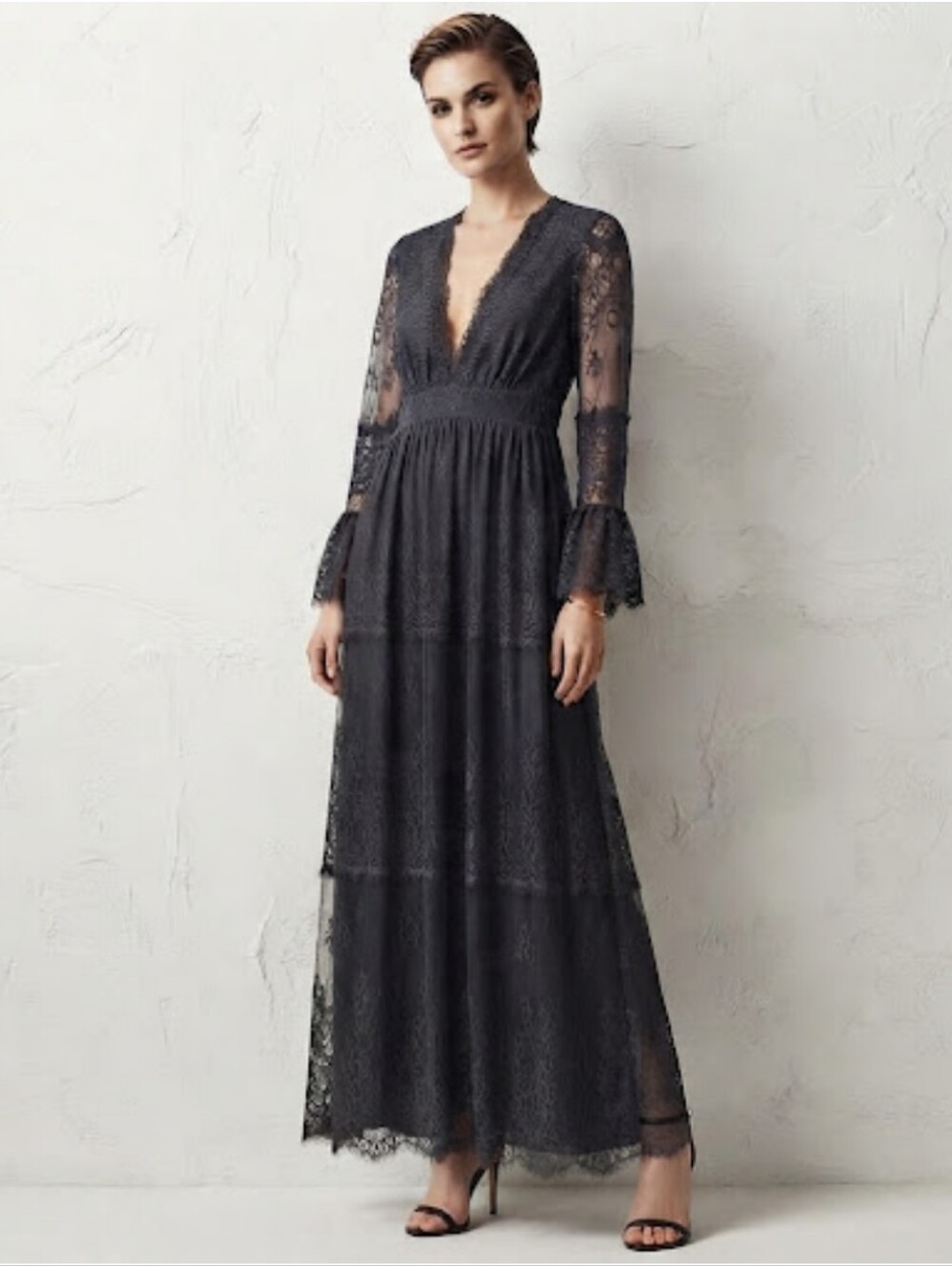 H&M Studio Collection Black Lace Long Bell Sleeve Maxi Dress Size 4 Bohemian